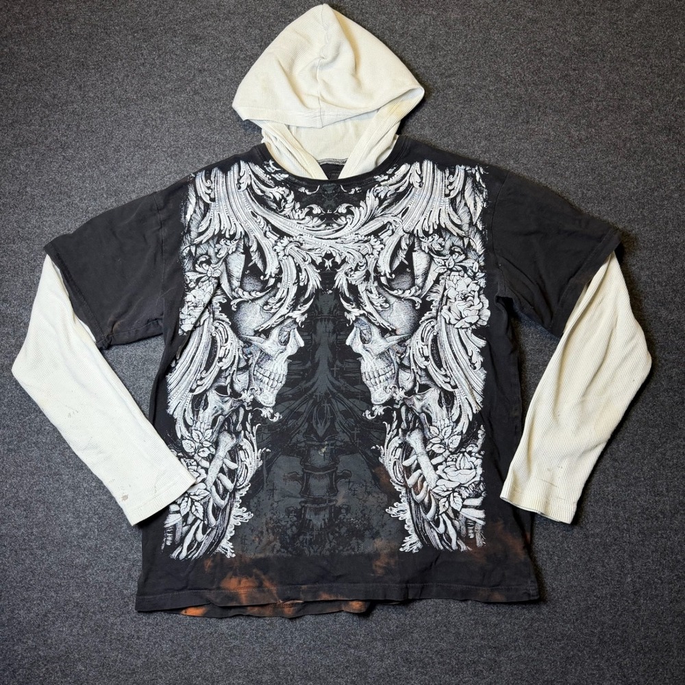 Affliction Layered Hoodie Mens XL Black Skull Graphic Thermal Distressed Y2K